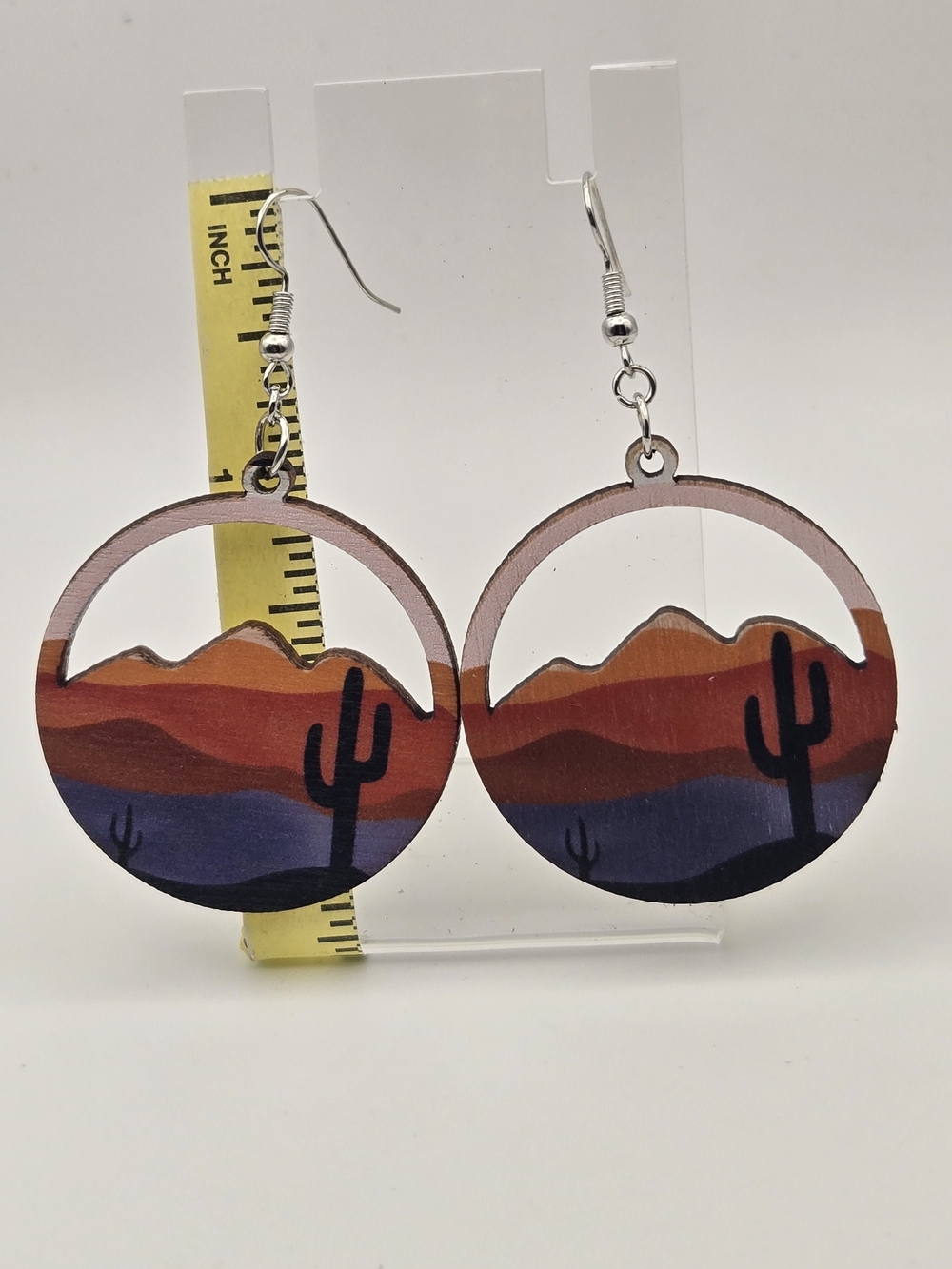Wooden Desert Sunset Dangle Earrings in Orange and Purple